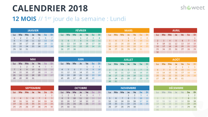 Calendrier 2018 pour PowerPoint - 12 Mois - Couleurs