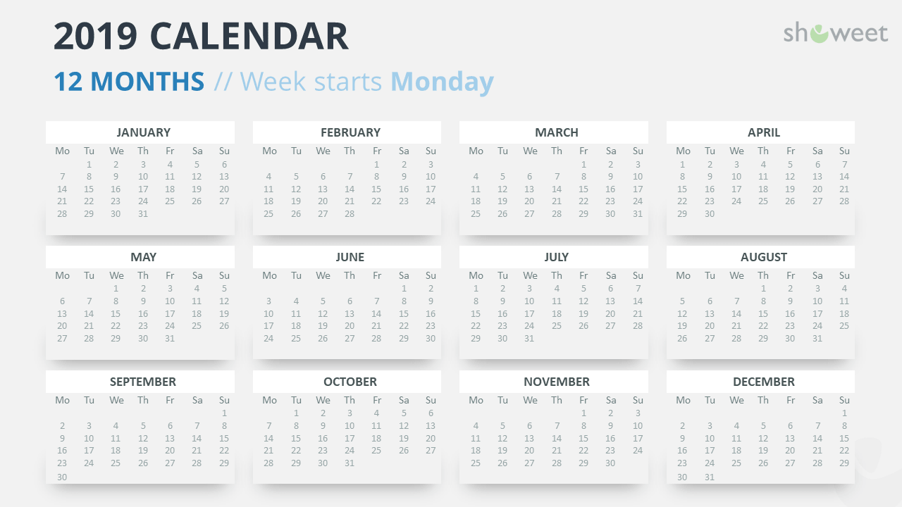 2019 calendar powerpoint templates calendar that starts with monday