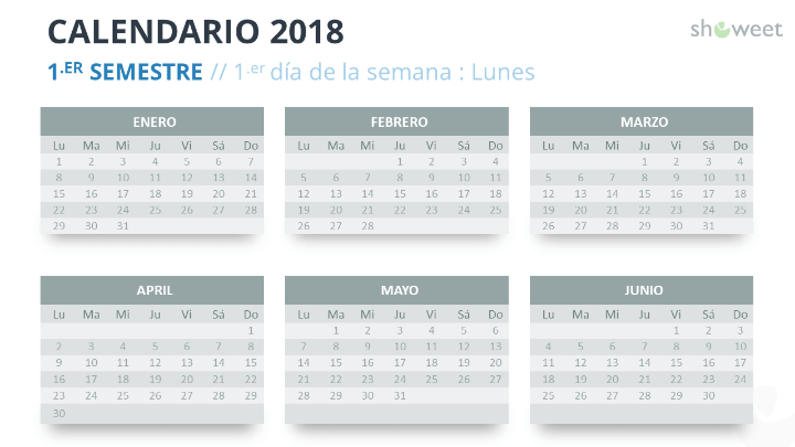 Ejemplo de diapositiva de calendario 2018 con 6 Meses (Semestres)
