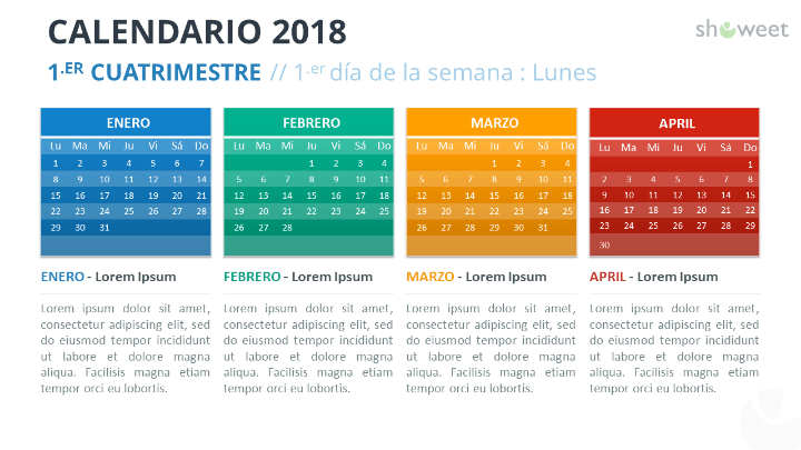 Ejemplo de diapositiva de calendario 2018 con 4 Meses (Cuatrimestres)