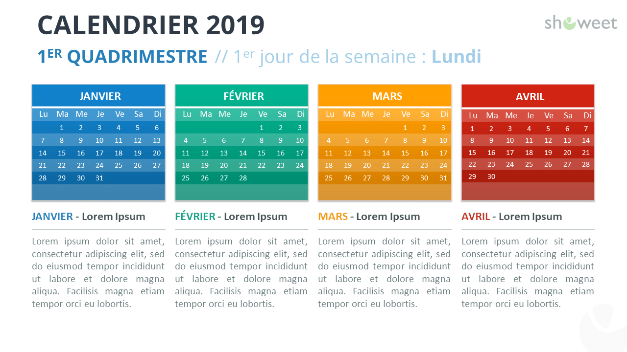 Calendrier 2019 PowerPoint - 1er Quadrimestre