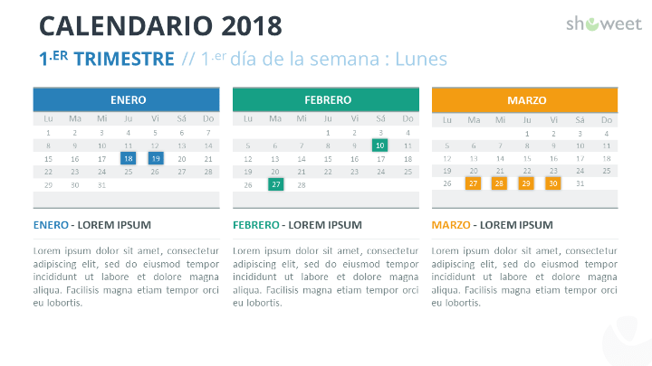 Ejemplo de diapositiva de calendario 2018 con 3 Meses (Trimestres)