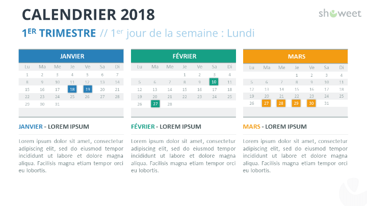 Calendrier 2018 pour PowerPoint - 1er Trimestre