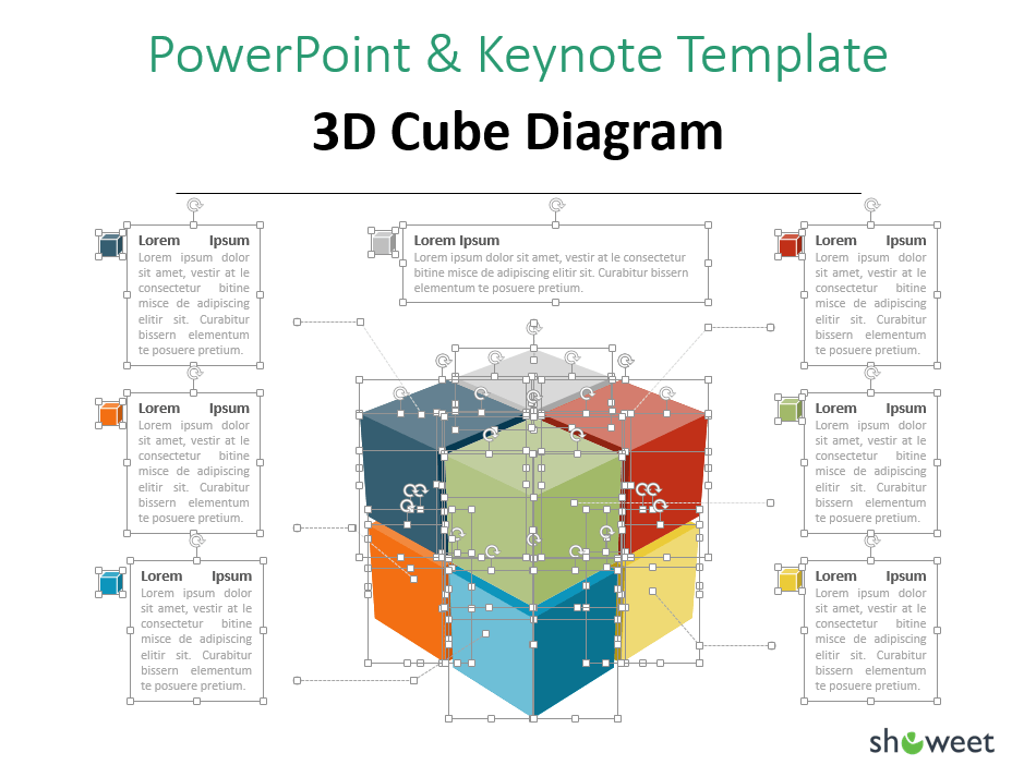 Diagrama de un cubo 3D y textos totalmente editables