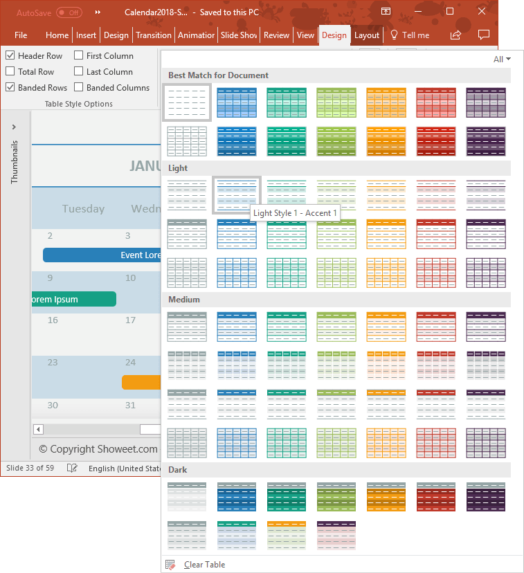 Calendario 2018 para PowerPoint con tablas