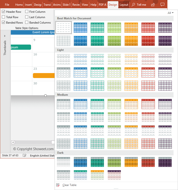 Calendar 2019 PowerPoint Table Design Customization