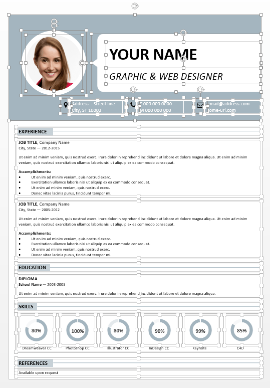 Centrum Gráficos y texto del Curriculum Vitae para PowerPoint son completamente editables