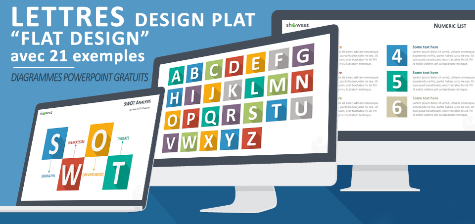 Lettres gratuites au design plat (flat design) et colorées pour PowerPoint accompagnées de 21 exemples d’application modernes