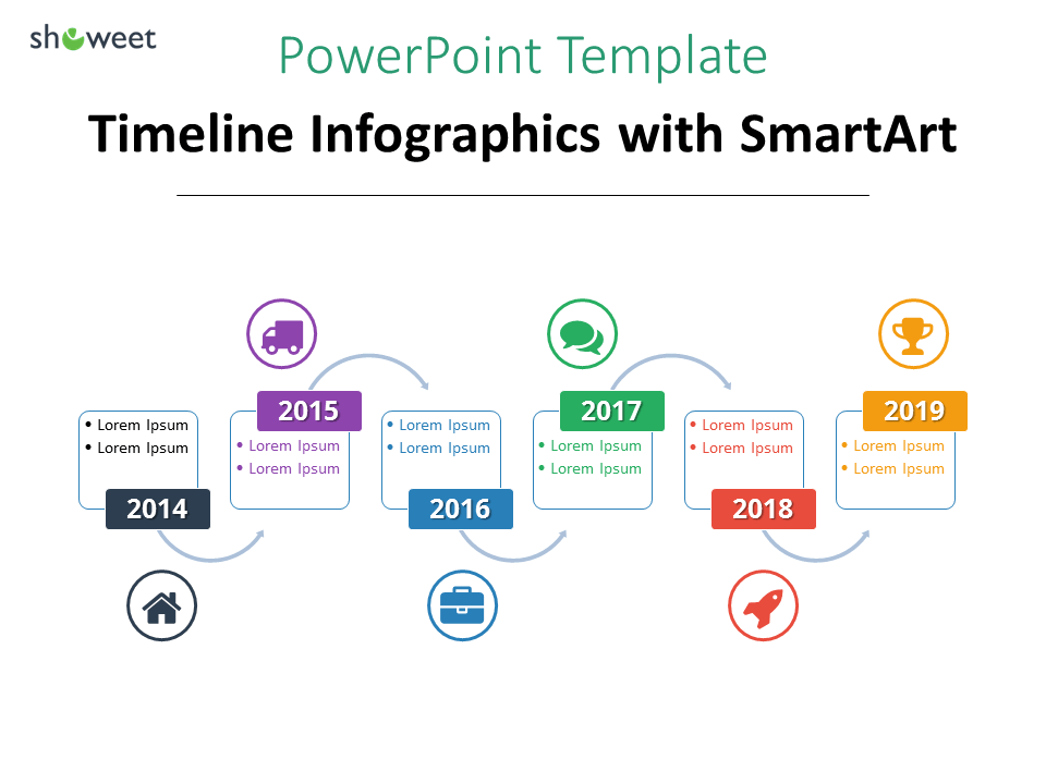 Another example of Timeline infographics for PowerPoint using SmartArt (alternating flow)