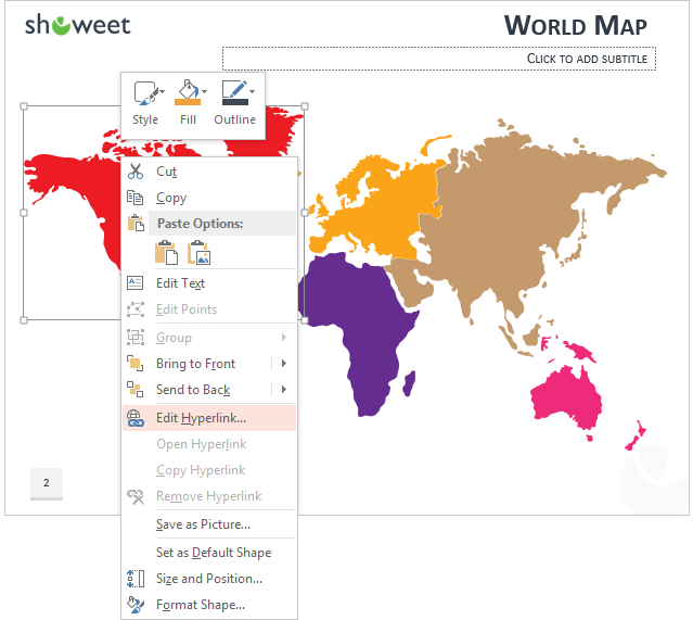 World map PowerPoint hyperlink action