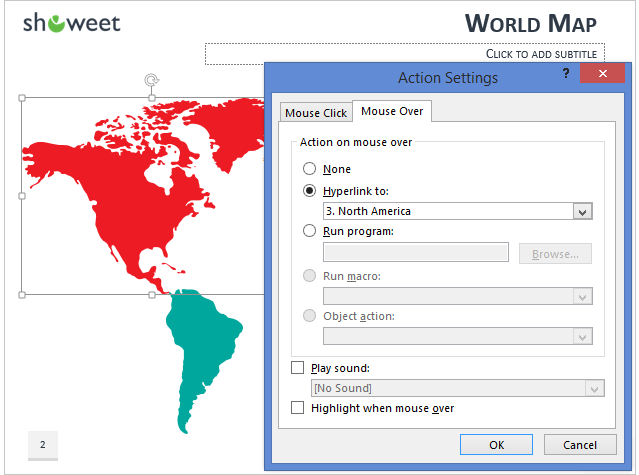 World map PowerPoint hyperlink action