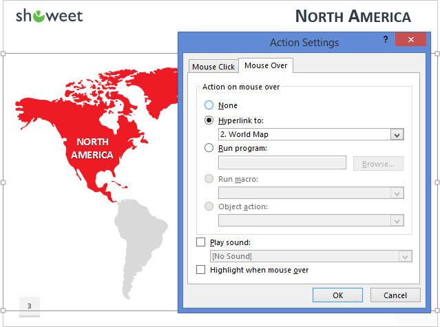 World map PowerPoint hyperlink action