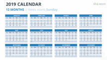 Calendar 2019 PowerPoint Template - 12 Months - Week Starts Sunday