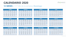 Calendario 2020 para PowerPoint - 12 Meses - Semana comenzando el domingo