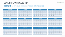 Calendrier 2019 PowerPoint - 12 Mois - 1er jour Semaine Dimanche