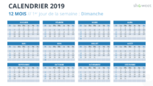 Calendrier 2019 PowerPoint - 12 Mois - 1er jour Semaine Dimanche