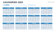 Calendrier 2020 pour PowerPoint - 12 Mois - 1er jour de la semaine Dimanche