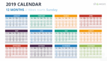 Example of PowerPoint slide with 12 months (Year) Calendar 2019 PowerPoint Template - 12 Months - Week Starts Sunday with Colors