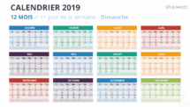 Calendrier 2019 PowerPoint - 12 Mois - 1er jour Semaine Dimanche (avec couleurs)