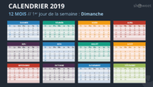 Calendrier 2019 PowerPoint - 12 Mois - 1er jour Semaine Dimanche (fond noir 1)