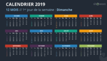 Calendrier 2019 PowerPoint - 12 Mois - 1er jour Semaine Dimanche (fond noir 2)