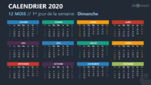 Calendrier 2020 pour PowerPoint - 12 Mois - 1er jour de la semaine Dimanche