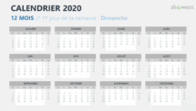 Calendrier 2020 pour PowerPoint - 12 Mois - 1er jour de la semaine Dimanche