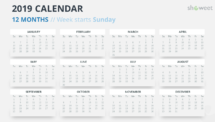 Calendar 2019 PowerPoint Template - 12 Months - Week Starts Sunday (Gray 2)