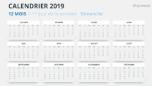 Calendrier 2019 PowerPoint - 12 Mois - 1er jour Semaine Dimanche (gris 2)