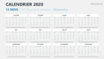 Calendrier 2020 pour PowerPoint - 12 Mois - 1er jour de la semaine Dimanche
