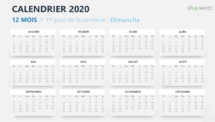 Calendrier 2020 pour PowerPoint - 12 Mois - 1er jour de la semaine Dimanche