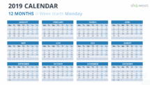 Calendar 2019 PowerPoint Template - 12 Months - Week Starts Monday