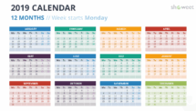 Calendar 2019 PowerPoint Template - 12 Months - Week Starts Monday with Colors