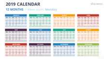 Calendar 2019 PowerPoint Template - 12 Months - Week Starts Monday with Colors