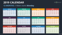 Calendar 2019 PowerPoint Template - 12 Months - Week Starts Monday (Dark Background 1)