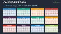 Calendrier 2019 PowerPoint - 12 Mois (fond noir 1)