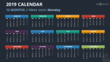Calendar 2019 PowerPoint Template - 12 Months - Week Starts Monday (Dark Background 2)