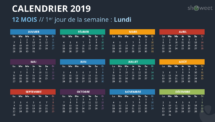 Calendrier 2019 PowerPoint - 12 Mois (fond noir 2)