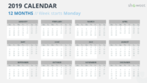Calendar 2019 PowerPoint Template - 12 Months - Week Starts Monday (Gray 1)