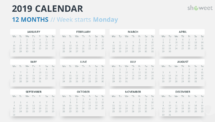 Calendar 2019 PowerPoint Template - 12 Months - Week Starts Monday (Gray 2)