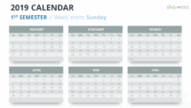 Example of PowerPoint slide with 6 months (Semesters) Calendar 2019 PowerPoint Template - 1st Semester - Week Starts Sunday