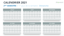 Calendrier 2021 pour PowerPoint - 2nd Semestre (commence le Dimanche)