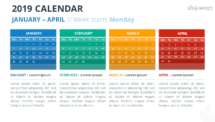 Calendar 2019 PowerPoint Template - 4 Months (January-April) - Week Starts Monday
