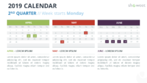 Calendar 2019 PowerPoint Template - 2nd Trimester - Week Starts Monday