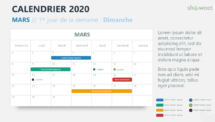 Mars - Calendrier 2020 pour PowerPoint - 1er jour de la semaine Dimanche