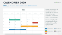 Mai 2020 Calendrier pour PowerPoint - 1er jour de la semaine Dimanche