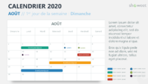 Aout 2020 Calendrier pour PowerPoint - 1er jour de la semaine Dimanche
