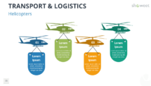Four helicopters in different colors, each with a label, representing various stages of a process in the Transport & Logistics template for PowerPoint.