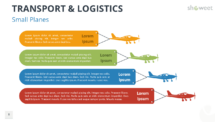 Small airplanes flying horizontally, connected to text blocks representing steps or processes in the Transport & Logistics template for PowerPoint.