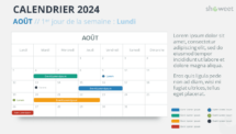 Mise en page du calendrier mensuel 2024 pour Août, début lundi